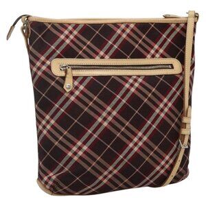 BURBERRY Nova Check Blue Label Shoulder Bag Canvas Red Silver Auth bs27656
